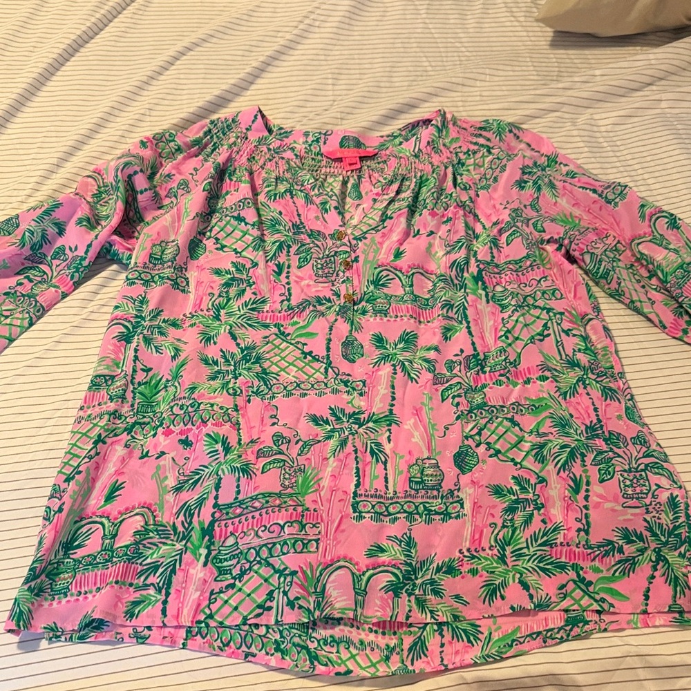 Lilly Pulitzer Elsa top Tropical Pink and Green Blouse sz large LIKE NEW